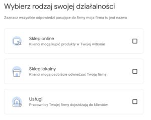 Opcje do wyboru Wybierz rodzaj swojej działalności: sklep online, sklep lokalny, usługi.