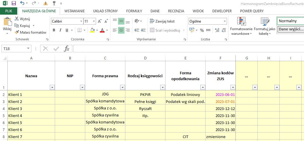 Tabela w Excelu z kolumnami Nazwa, NIP, Forma prawna, Rodzaj księgowości, Forma opodatkowanie, Zmiana kodów ZUS