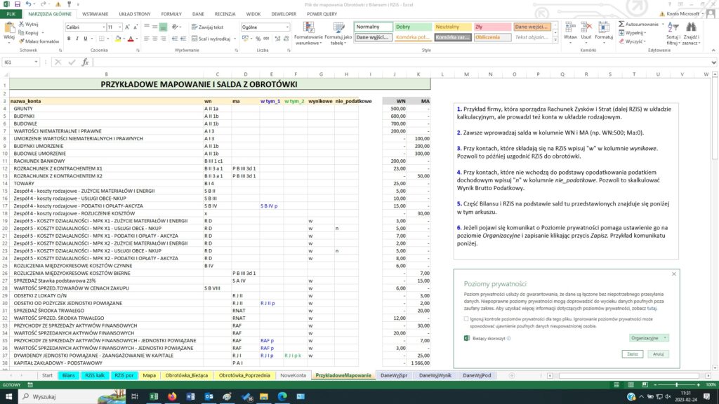 Plik do mapowania obrotówki z bilansem i RZiS w Excelu
